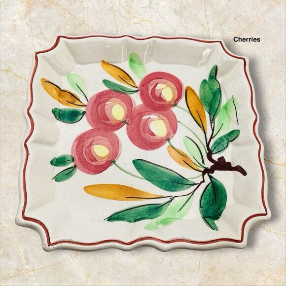 Italian Hand Painted 7in Fruit Designs Salad Plates Dip Bowls Set 4 Vintage - Picture 3 of 11